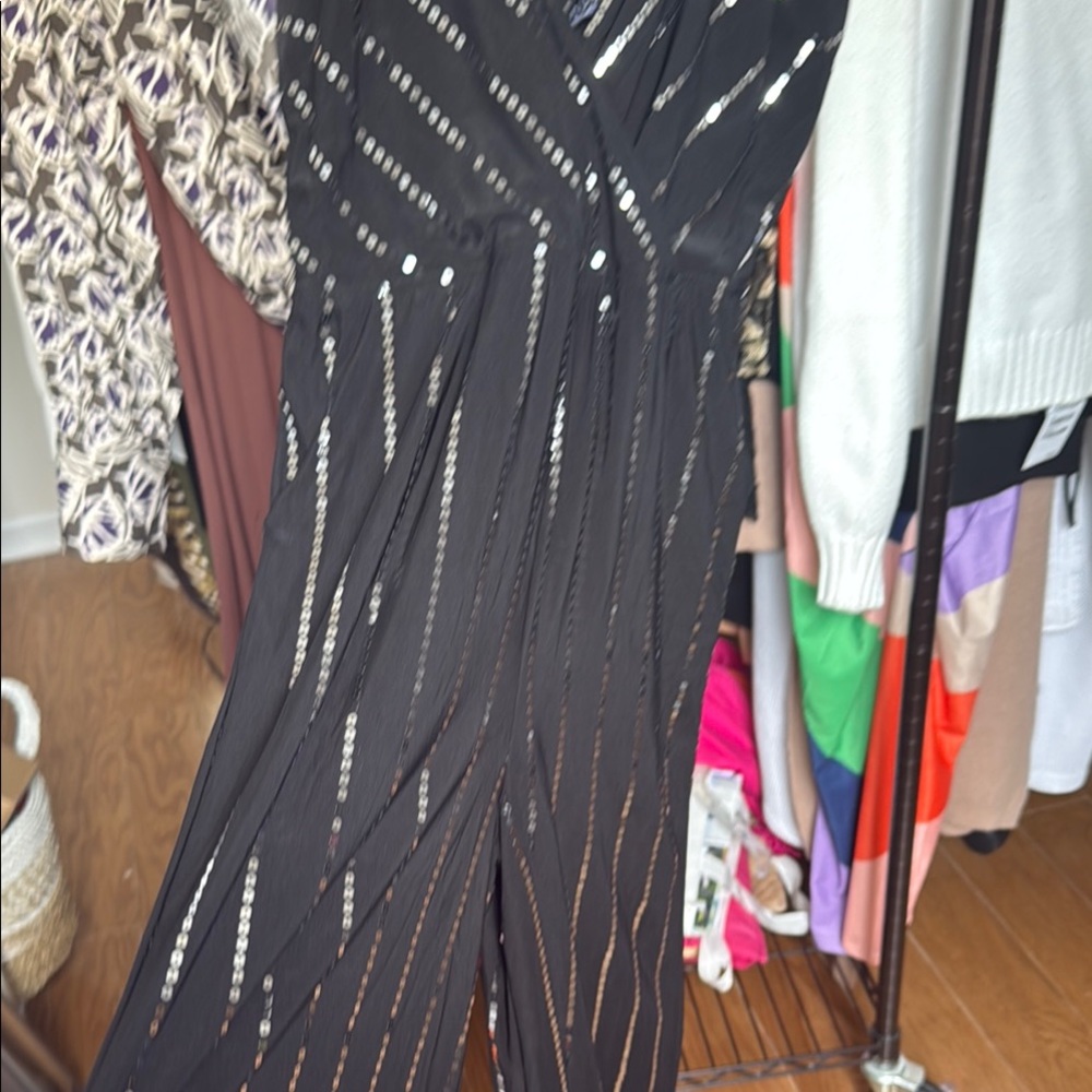 Black Wide-Leg Jumpsuit with Striking White Stripes